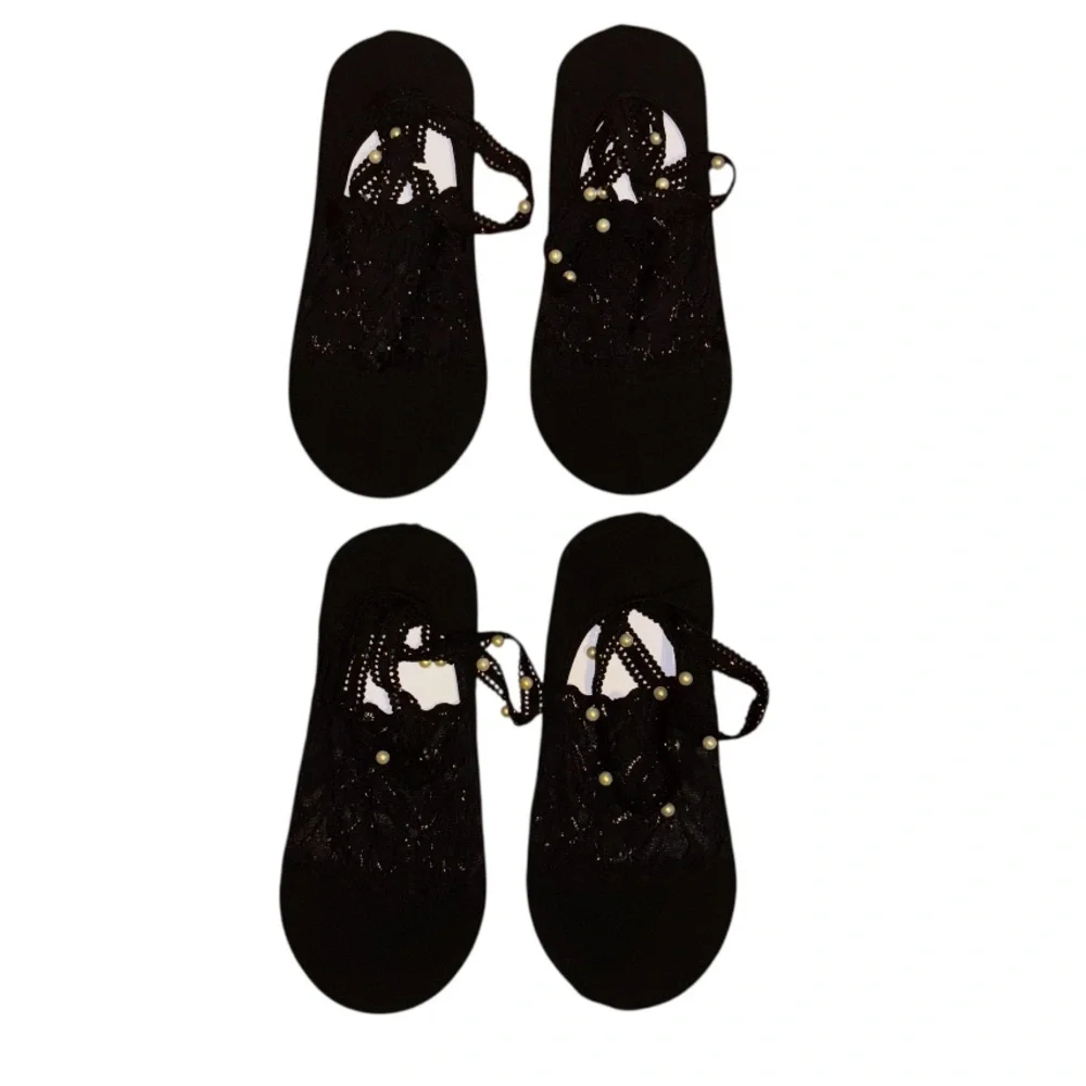 Pearl Lace Black No Show Socks Cotton Four Pair Ankle Strap White Pearl Accents